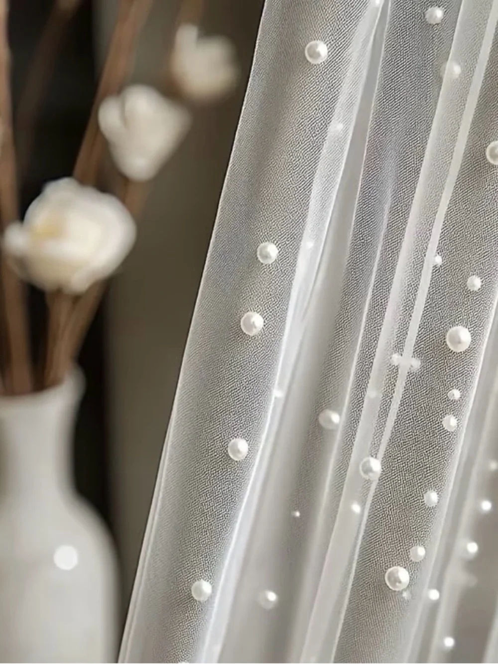 Pearl-Embellished Sheer Tulle Table Runner